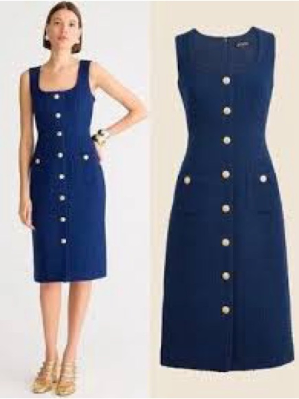 J.Crew Navy Bouclé Wool Blend Gold Button Midi Dress Size 4 NWT